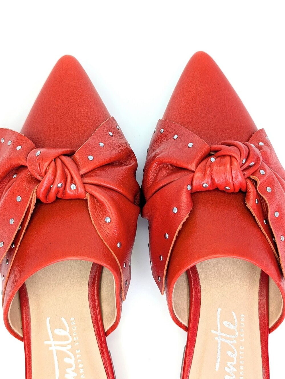 Nanette Lepore Orange Red Studded Bow Pointed Toe Mule Flats Slide On Size 6 EUC - Picture 3 of 12